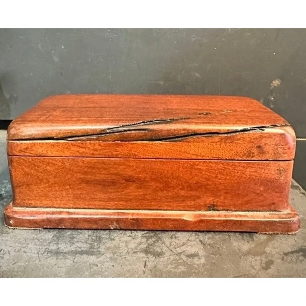 Vintage Wood Jewelry Box Brown Velvet Lined Valet Trinket Case 8x4x2.5